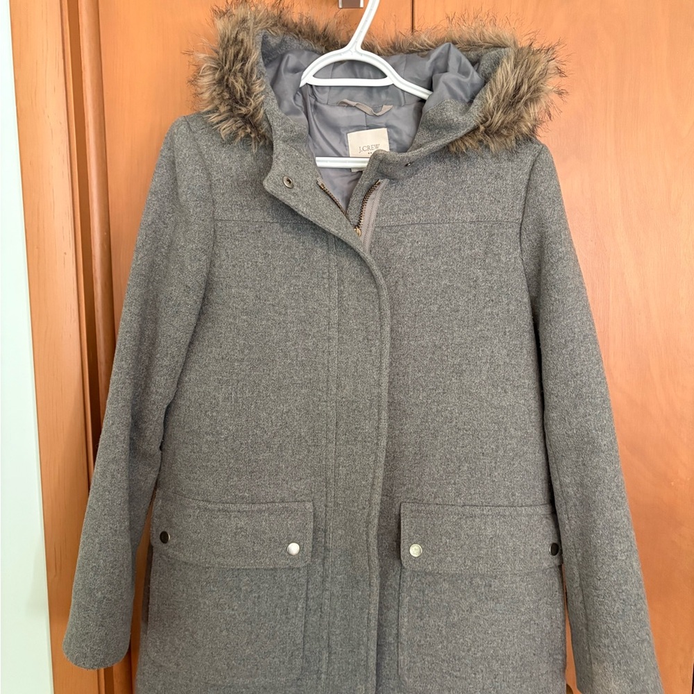 J. Crew Heather Gray Coat with Faux Fur Hood